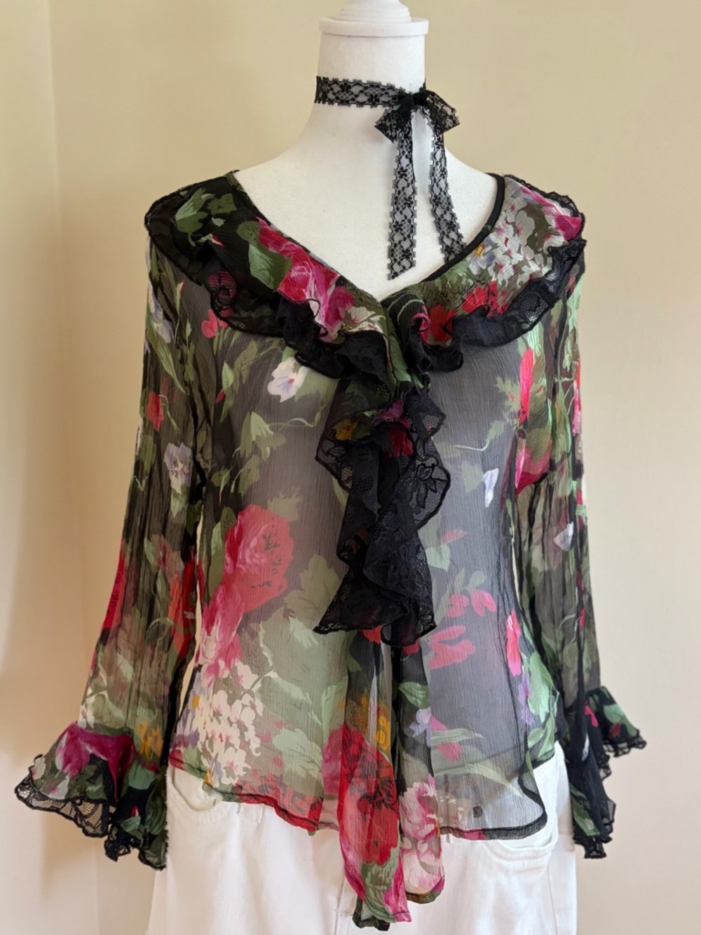 Vintage Y2K silk floral ruffle sheer black lace blouse fairy coquette whimsy M-L